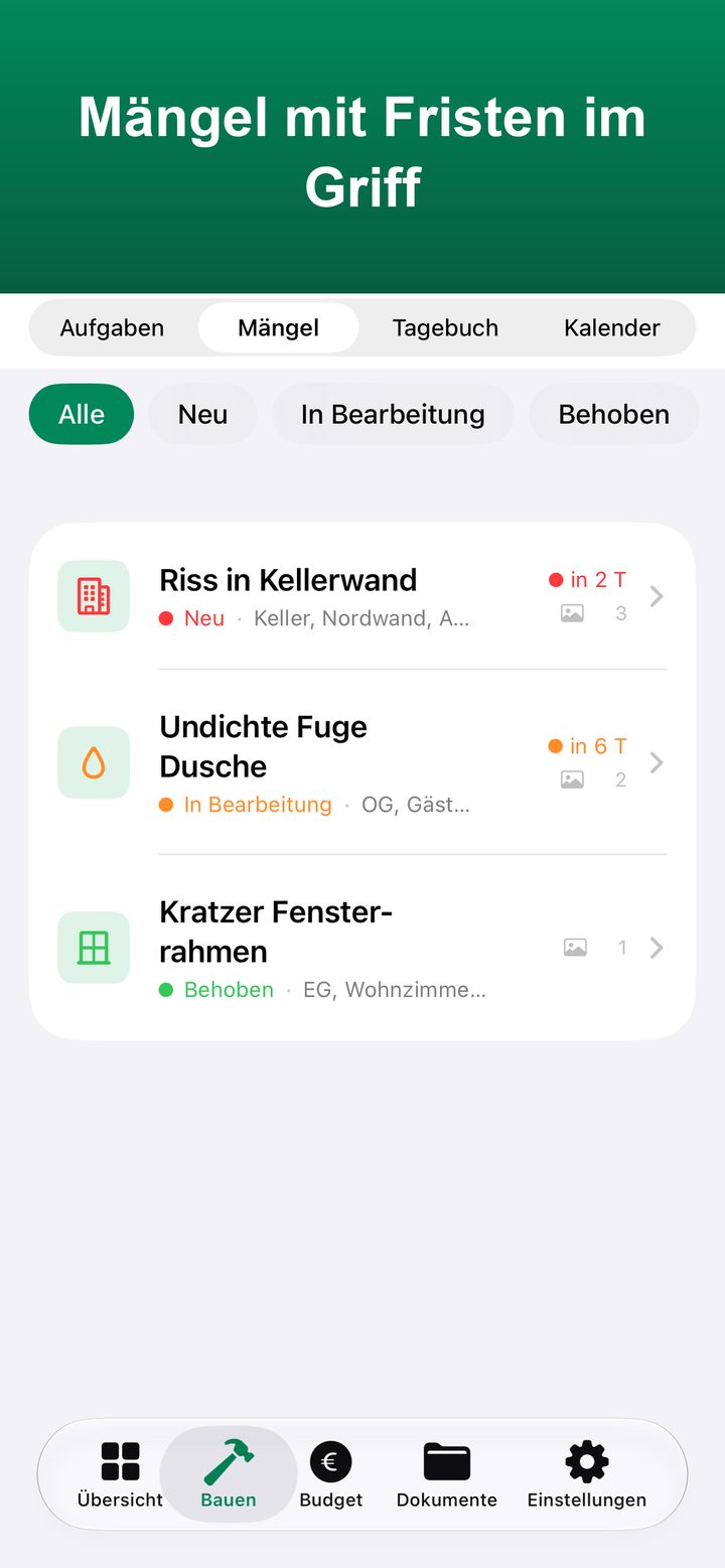 Mängelliste mit Status, Fristenampel und Fotoanzahl je Mangel